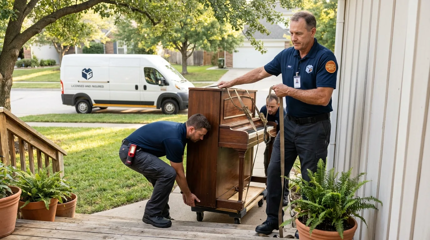 Licensed piano movers securing grand piano in Cave City, KY
