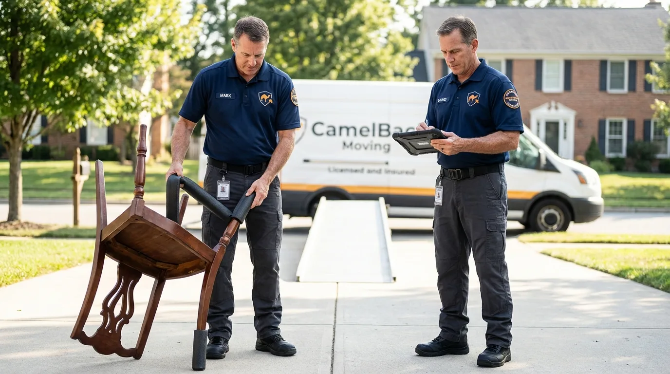 Movers inspecting furniture for damage prevention before loading in Cave City, KY